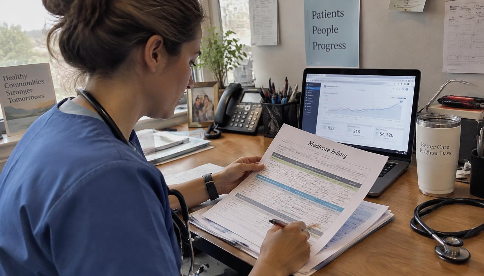 A clinician reviewing Medicare billing charts at a clinic desk with a patient data dashboard on a laptop